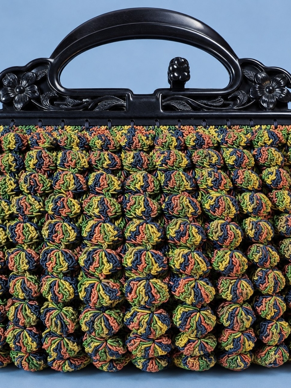 1950s Crochet Bobble Handbag Vintage Multicolor Crochet Clutch with Black Handle